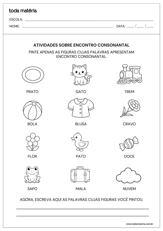 atividade sobre encontro consonantal para pintar e escrever