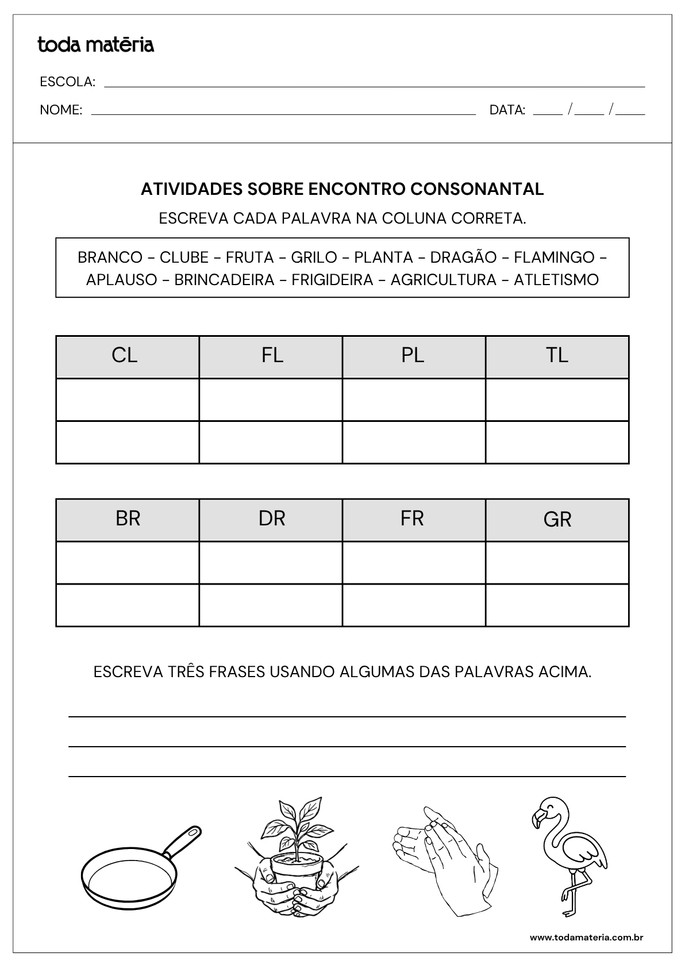 atividade sobre encontro consonantal para escrever na coluna correta