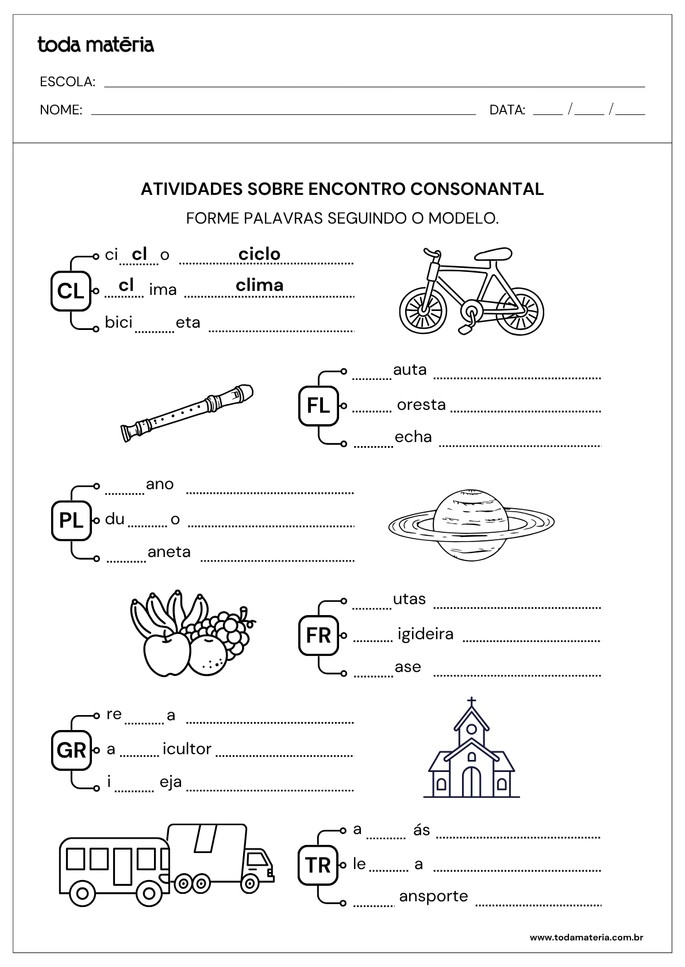 atividade de completar e escrever palavras com encontro consonantal