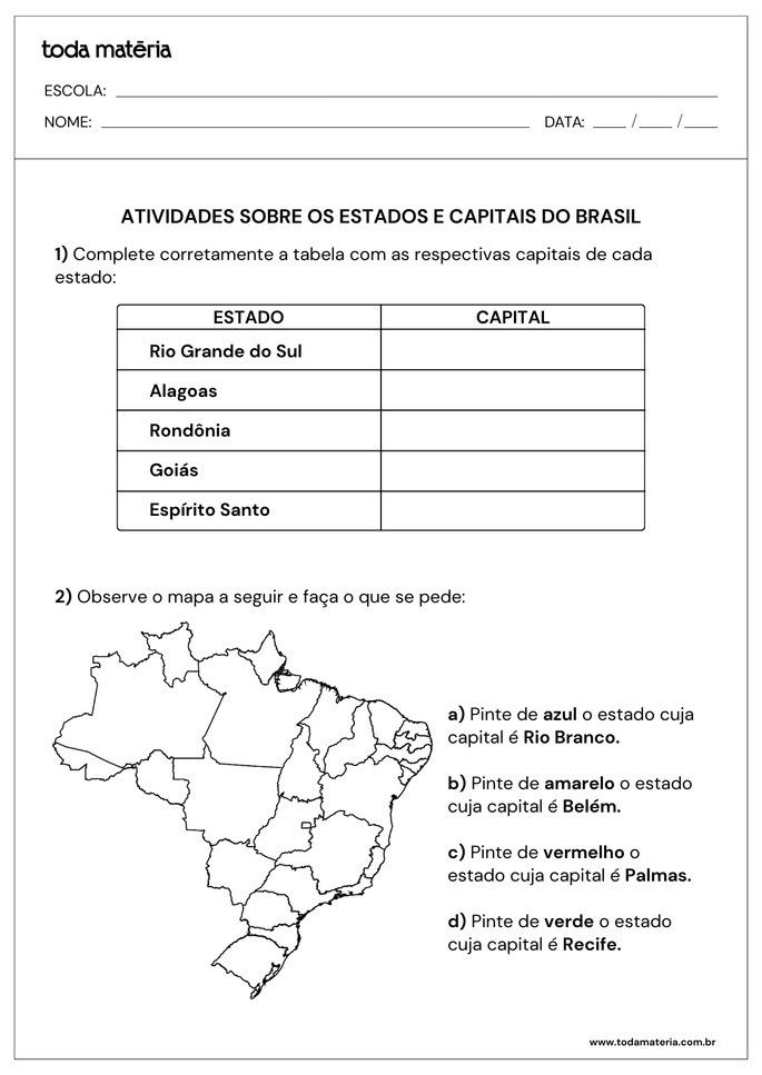 Folha de atividade 1 - Estados e capitais brasileiras