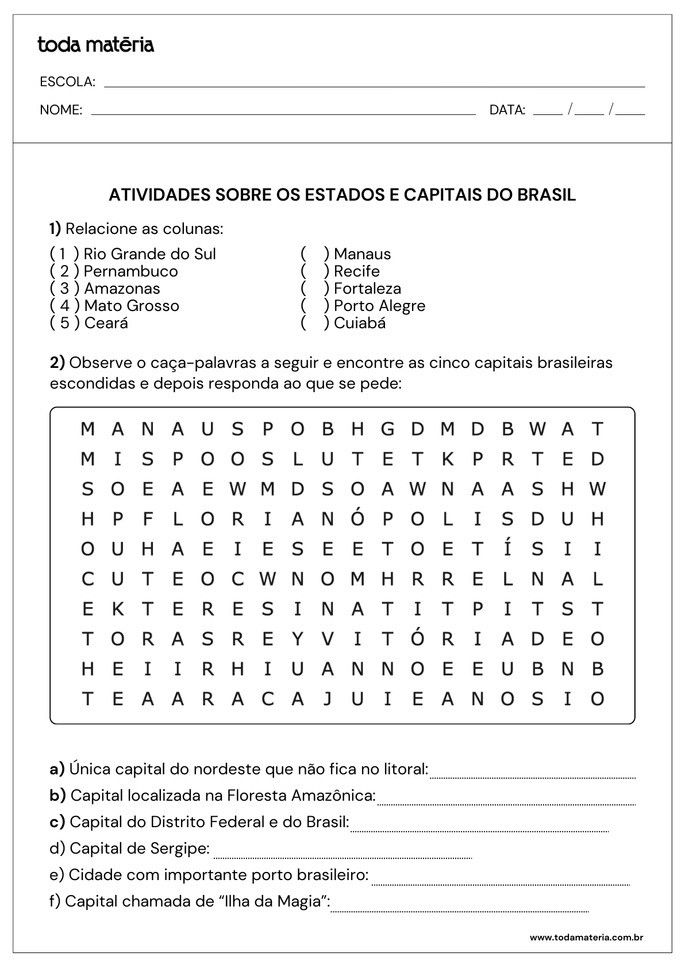 Folha de atividade 2 - Estados e capitais brasileiras