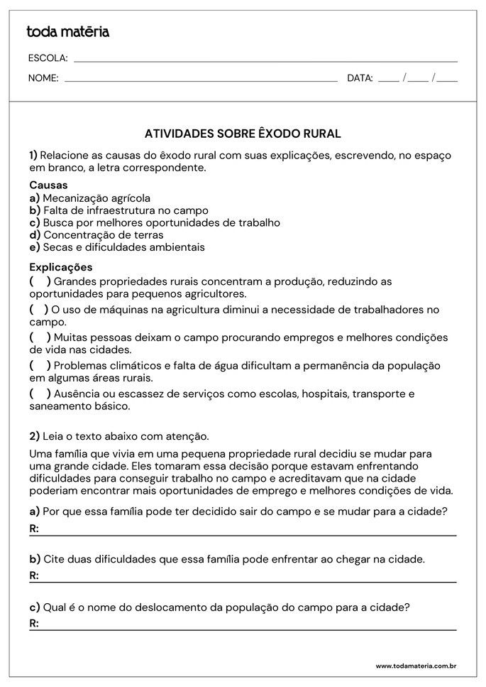 Folha de Atividades 1 - &Ecirc;xodo Rural