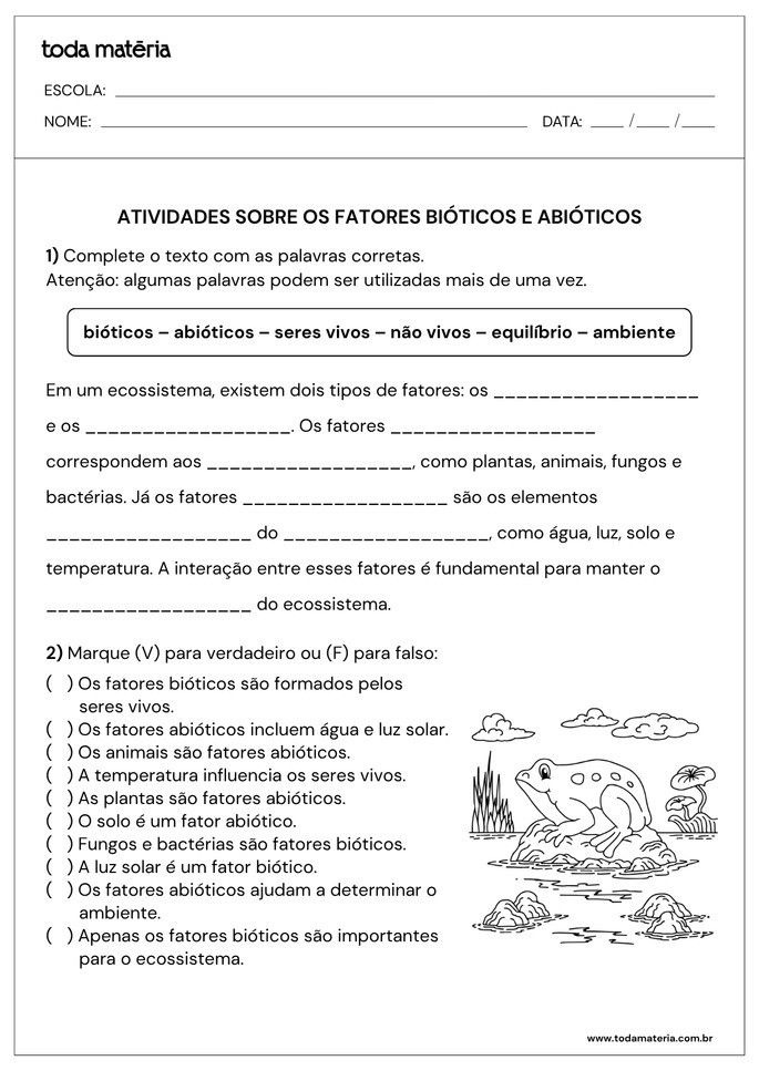 Folha de Atividade sobre fatores bi&oacute;ticos e abi&oacute;ticos para alunos do 7&ordm; ano do ensino fundamental