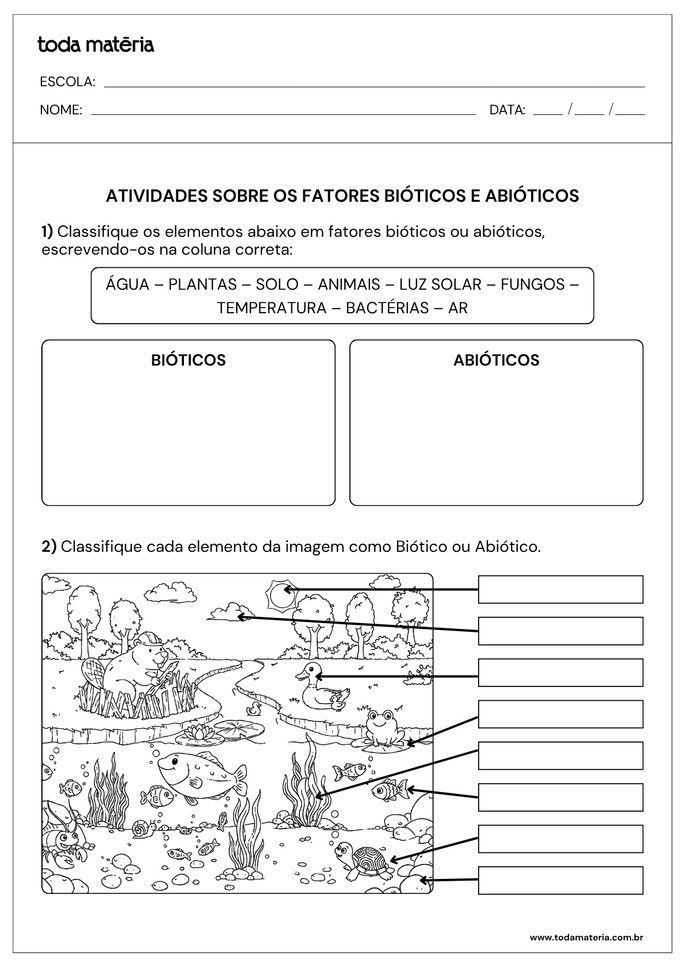Folha de Atividade sobre fatores bi&oacute;ticos e abi&oacute;ticos para alunos do 7&ordm; ano do ensino fundamental