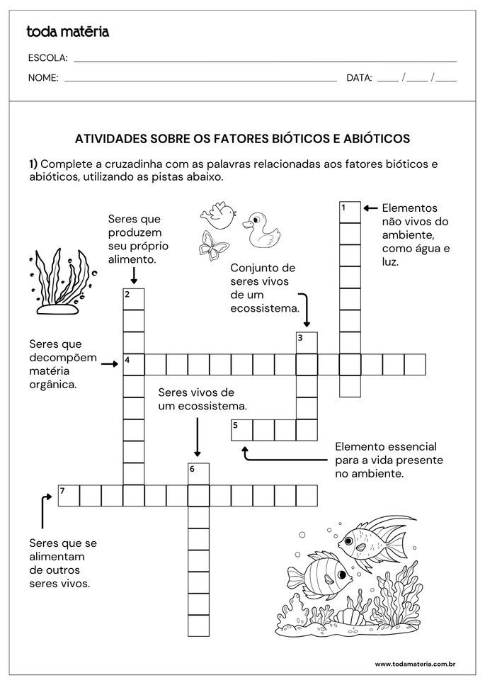 Folha de Atividade sobre fatores bi&oacute;ticos e abi&oacute;ticos para alunos do 7&ordm; ano do ensino fundamental
