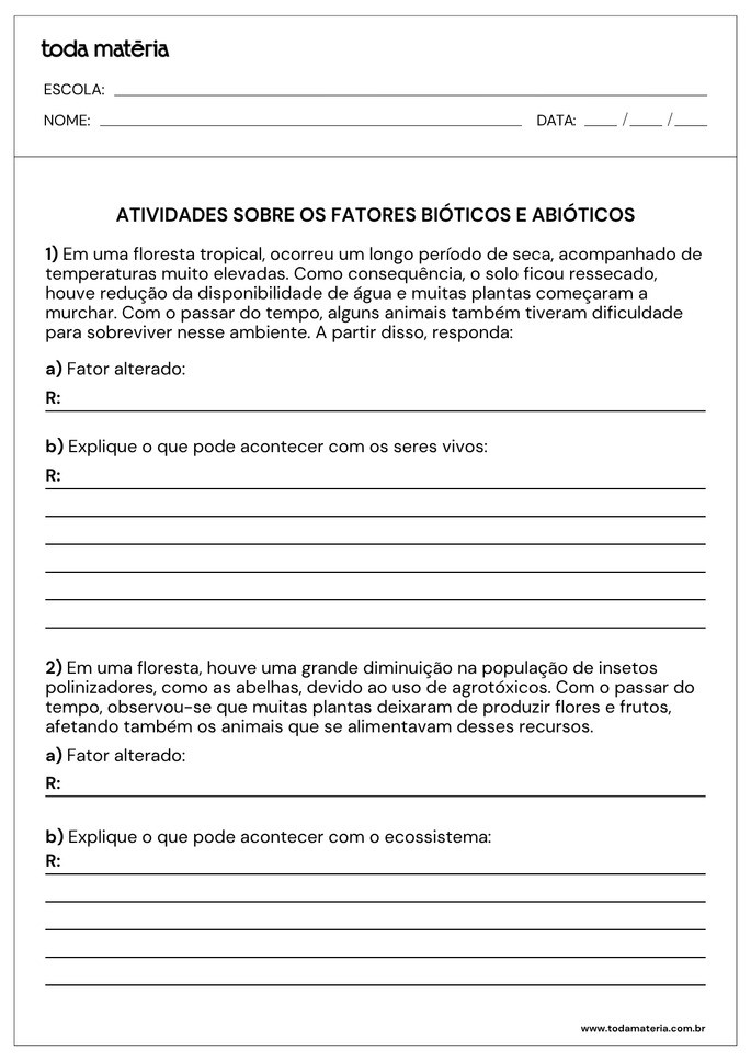 Folha de Atividade sobre fatores bi&oacute;ticos e abi&oacute;ticos para alunos do 7&ordm; ano do ensino fundamental