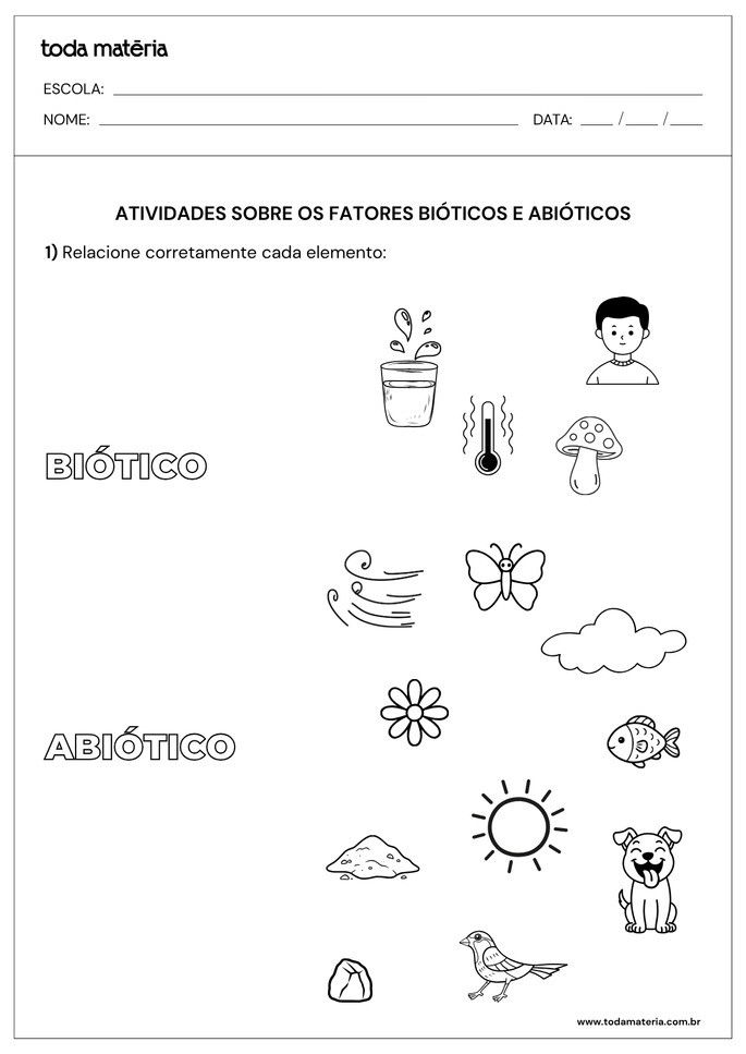 Folha de Atividade sobre fatores bi&oacute;ticos e abi&oacute;ticos para alunos do 7&ordm; ano do ensino fundamental