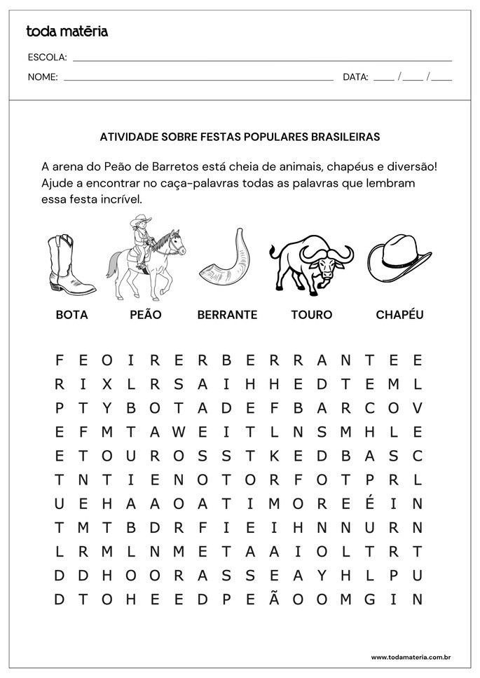 ca&ccedil;a-palavras sobre festas populares brasileiras
