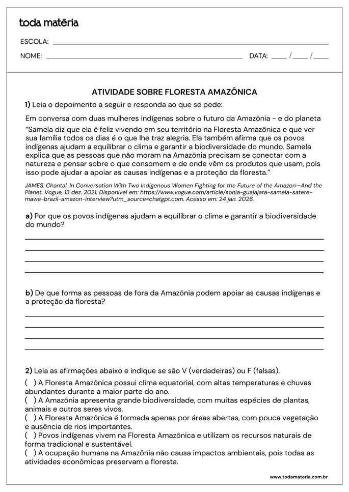 Folha de atividades 3 - Floresta Amaz&ocirc;nica