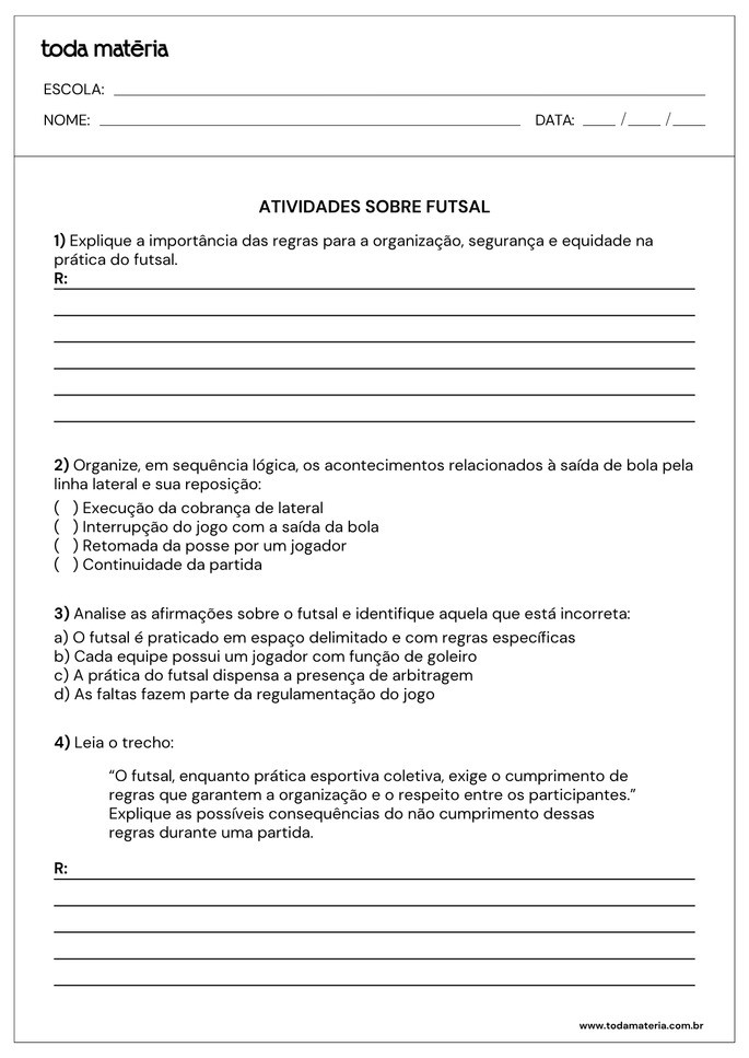 Atividade 3 sobre as regras do futsal