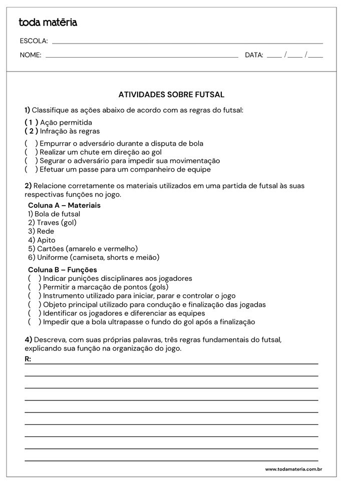 Atividade 5 sobre as regras do futsal