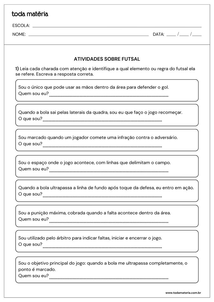 Atividade 6 sobre as regras do futsal