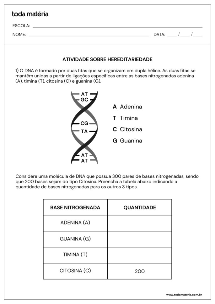 Atividade sobre hereditariedade de preenchimento de tabela