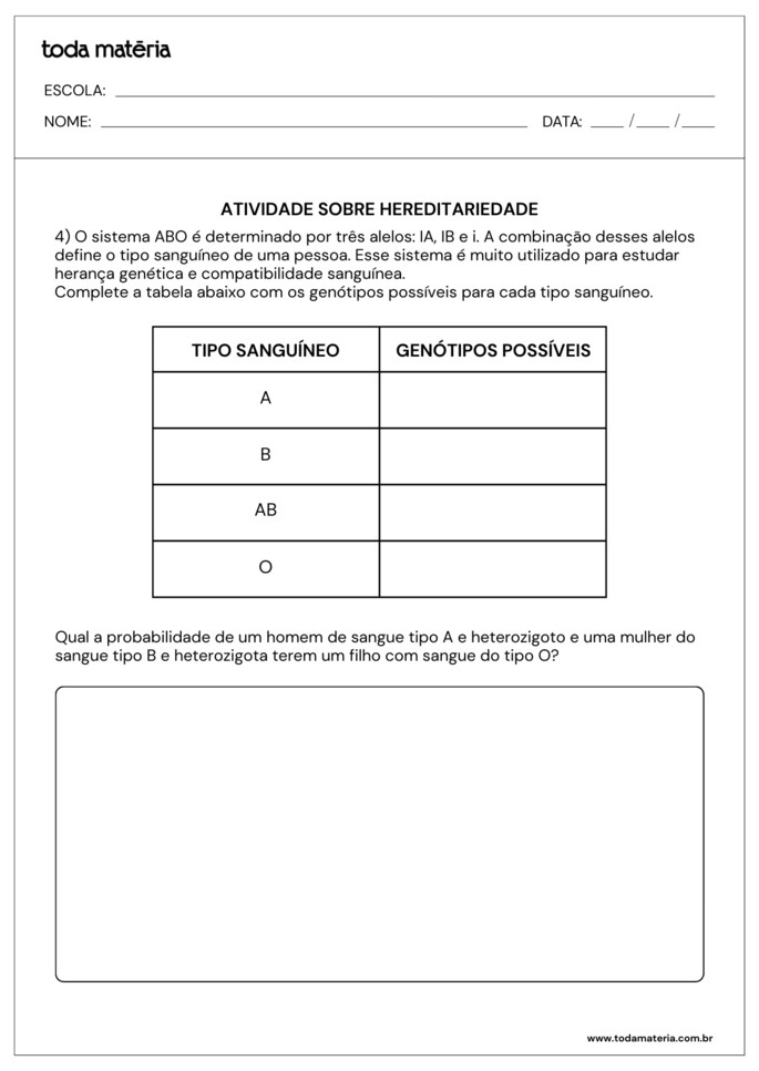 Atividade sobre hereditariedade de gen&oacute;tipos
