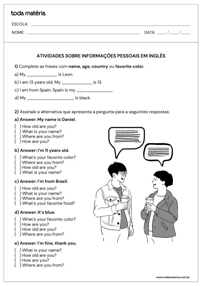 Atividades de complete e de m&uacute;ltipla escolha sobre informa&ccedil;&otilde;es pessoais em ingl&ecirc;s