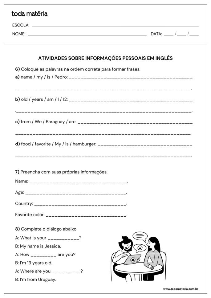 Atividades de ordena&ccedil;&atilde;o, preencha e complete sobre informa&ccedil;&otilde;es pessoais em ingl&ecirc;s