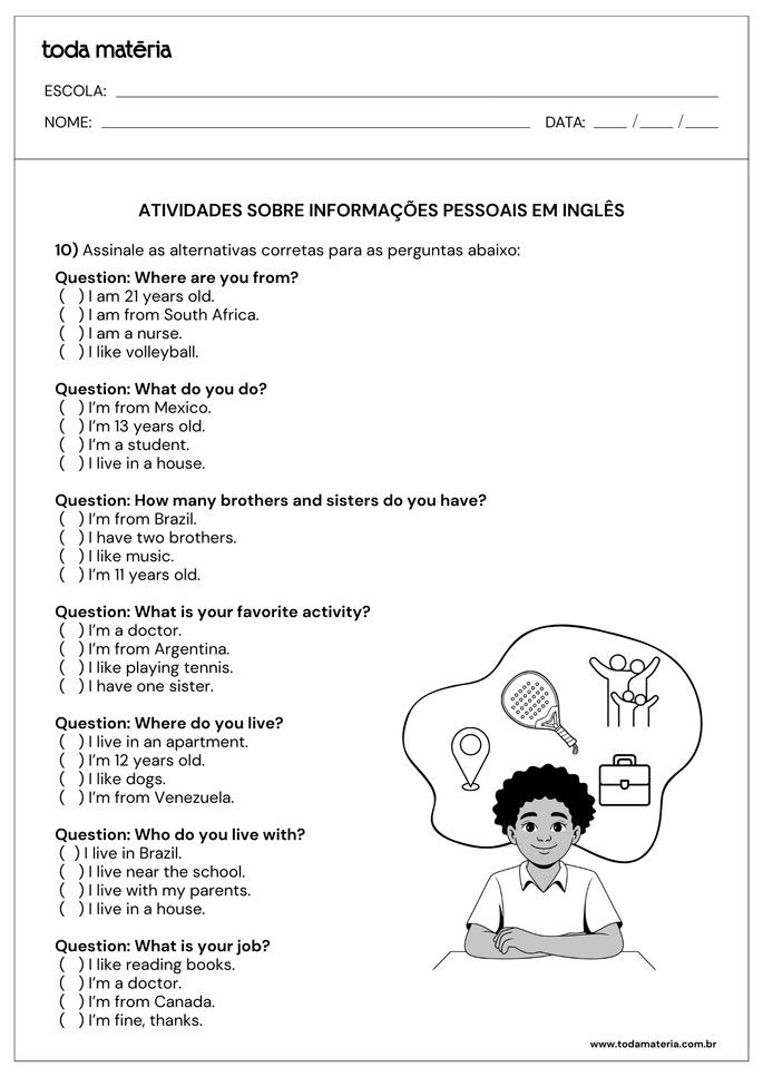 Atividade de m&uacute;ltipla escolha sobre informa&ccedil;&otilde;es pessoais em ingl&ecirc;s