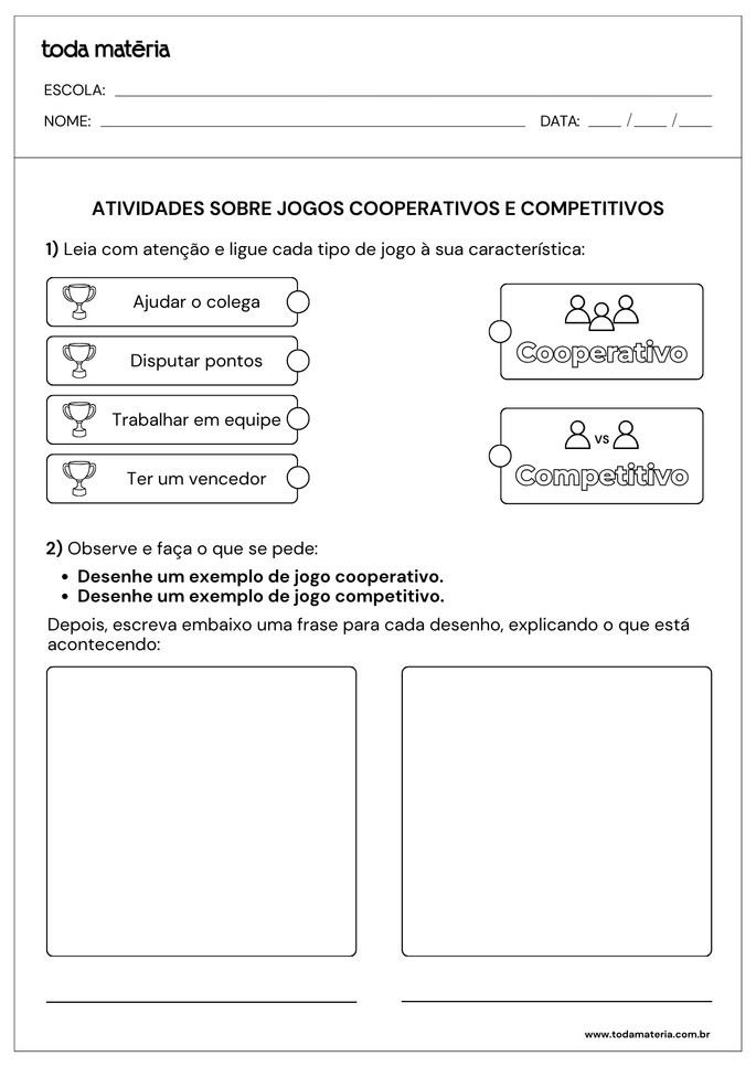 Atividades sobre jogos cooperativos e competitivos de relacionar e desenhar