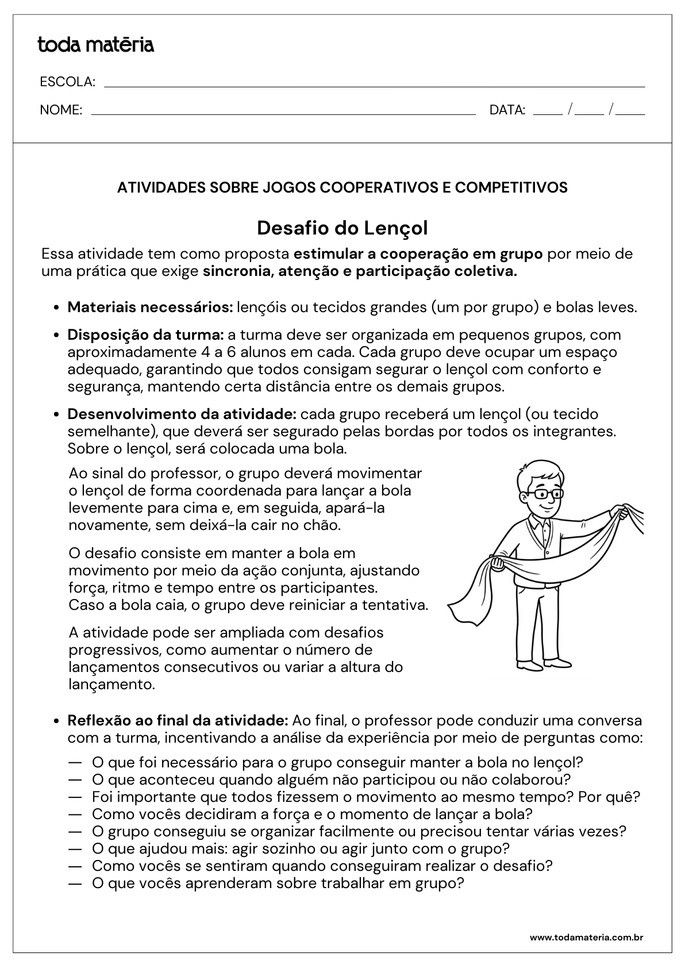 Atividade de jogo cooperativo de desafio do len&ccedil;ol