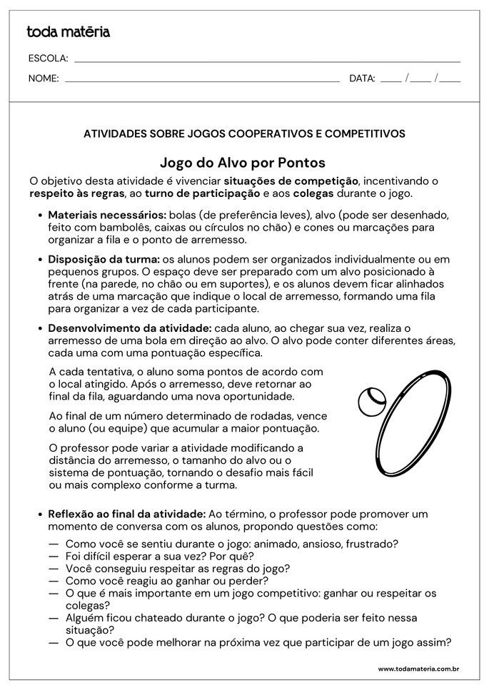 Atividade de jogo cooperativo jogo do alvo por pontos