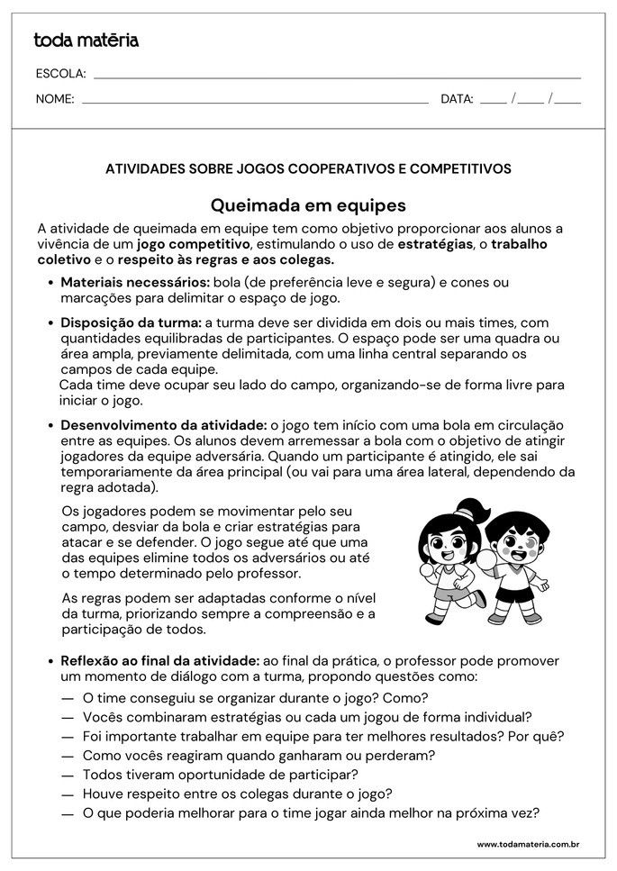 Atividade de jogo cooperativo queimada em equipes