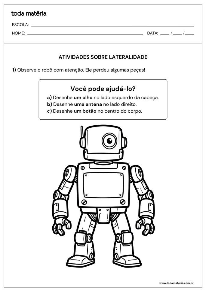 Atividades sobre lateralidade para desenhar partes que faltam do rob&ocirc;
