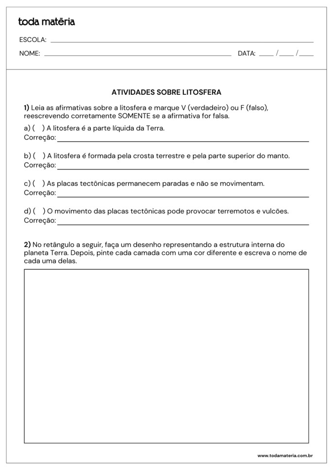Folha de atividades 2 - Litosfera