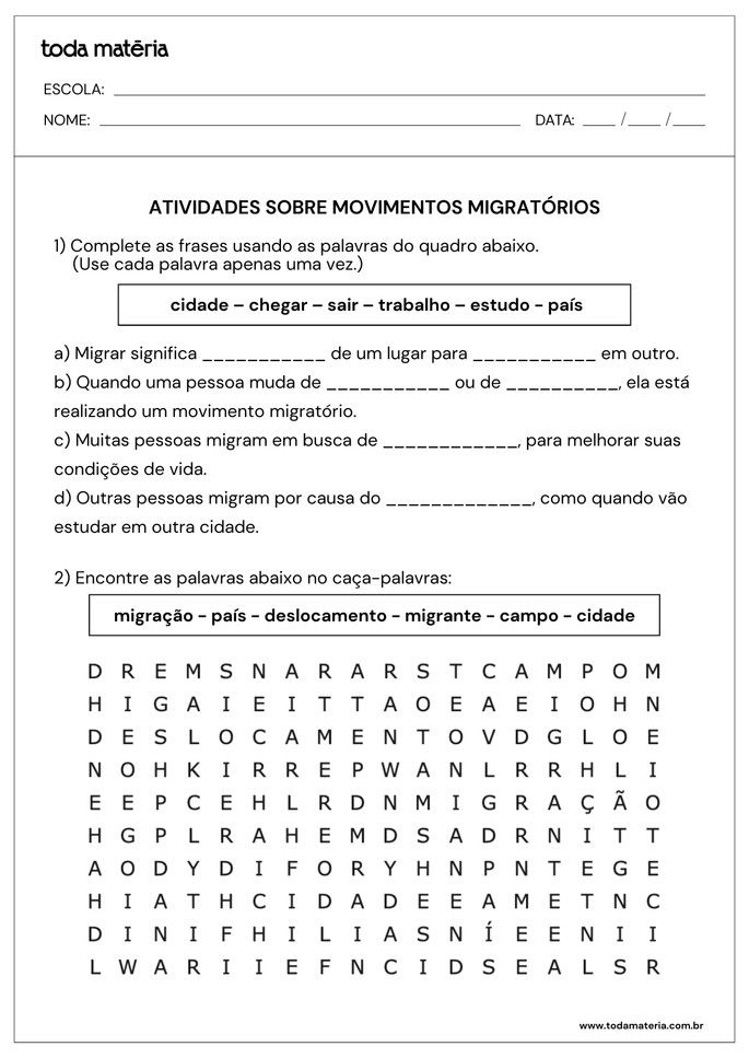 Folha de Atividade 1 - Movimentos migrat&oacute;rios