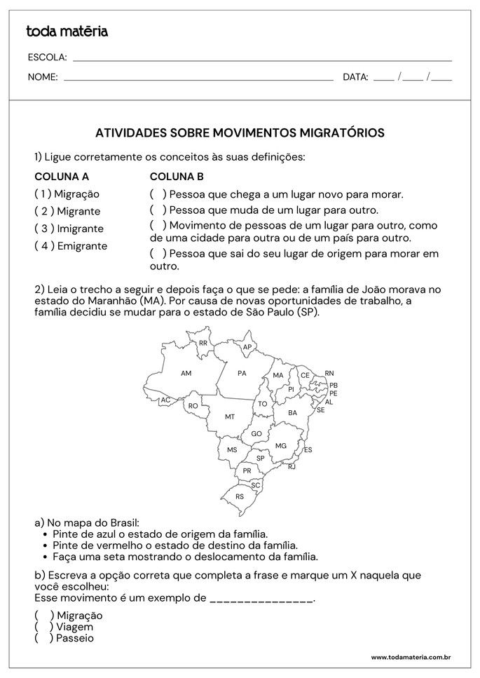 Folha de Atividade 2 - Movimentos migrat&oacute;rios