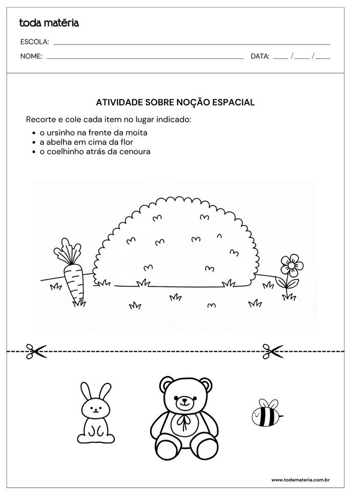 atividade sobre no&ccedil;&atilde;o espacial para recortar e colar