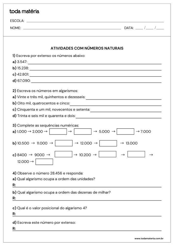 quatro atividades diversas sobre n&uacute;meros naturais