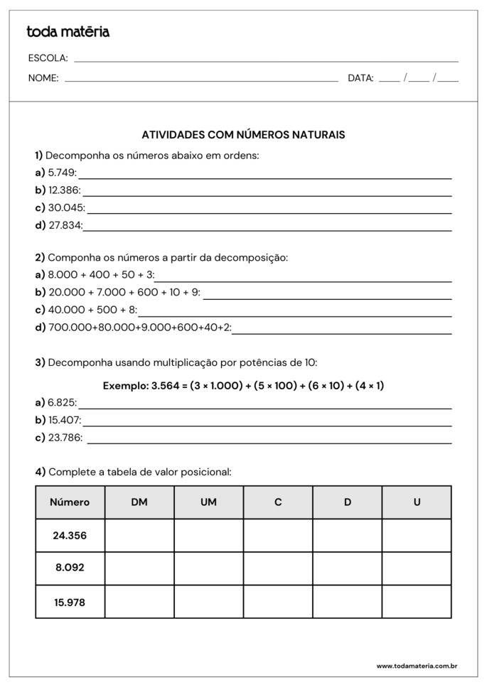 atividades de compor e decompor sobre n&uacute;meros naturais