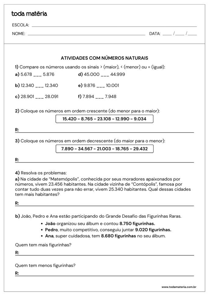 atividades de maior, menor e igual, crescente e decrescente sobre n&uacute;meros naturais