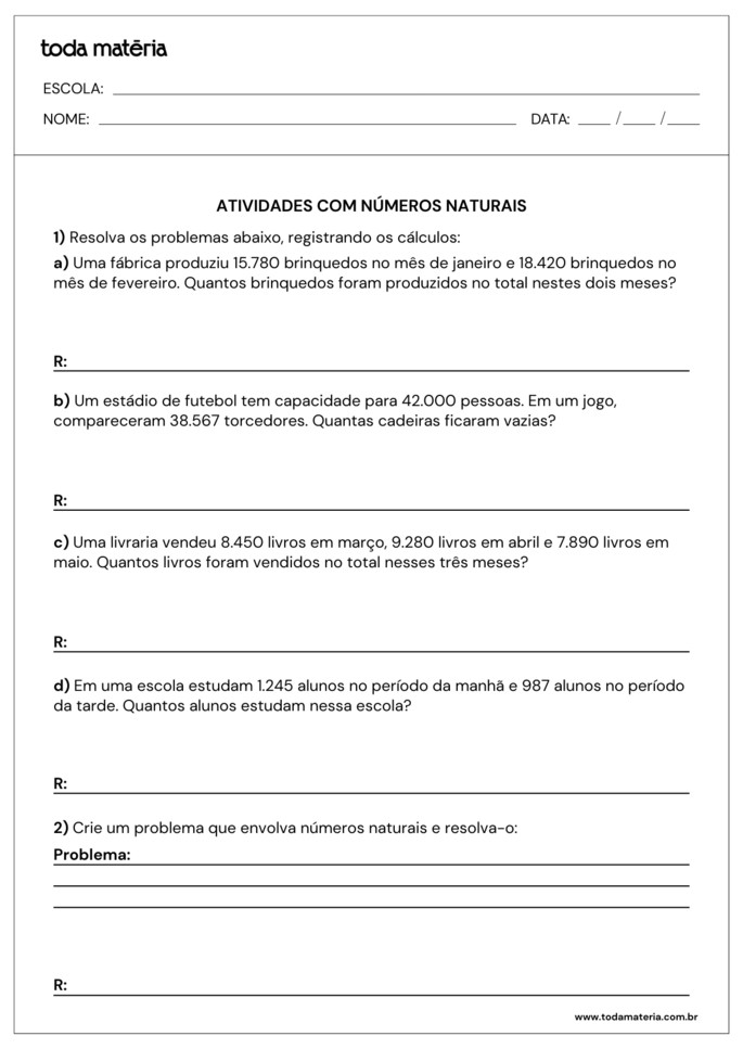 atividades de problemas sobre n&uacute;meros naturais