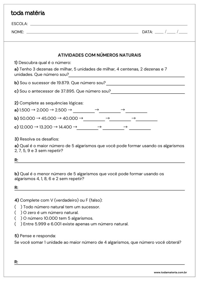 atividades de sequ&ecirc;ncias e verdadeiro ou falso sobre n&uacute;meros naturais