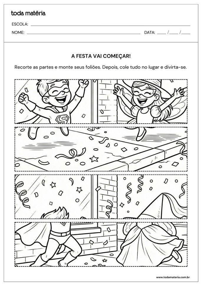 Atividade de recorte e cole sobre o Carnaval para educa&ccedil;&atilde;o infantil