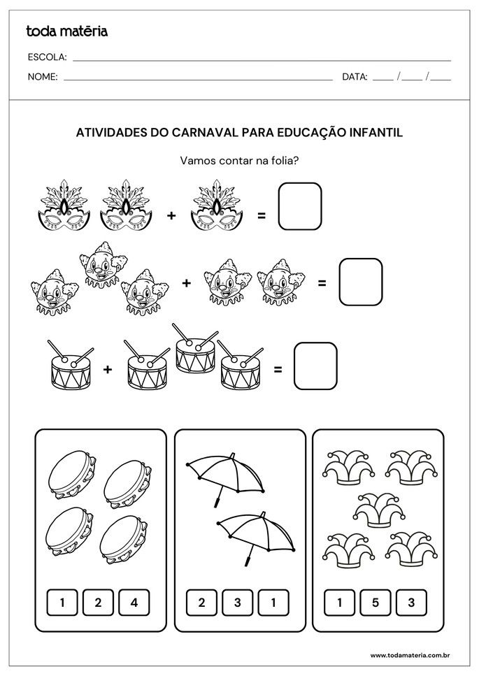Atividade com contas de somar sobre o Carnaval para educa&ccedil;&atilde;o infantil