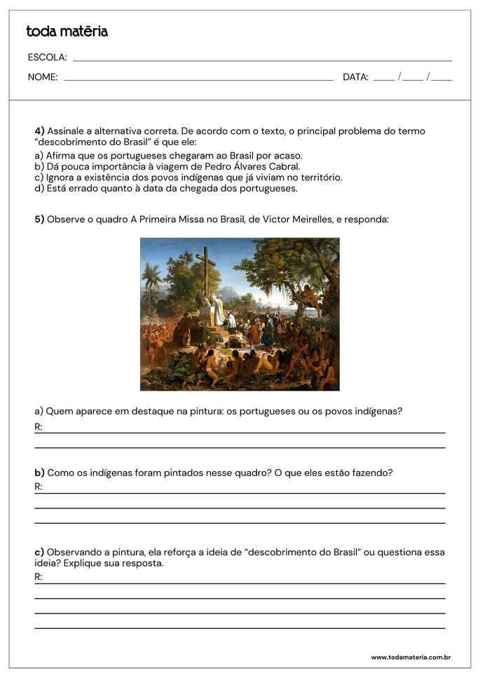 atividades sobre o descobrimento do Brasil com quest&otilde;es abertas e de m&uacute;ltipla escolha