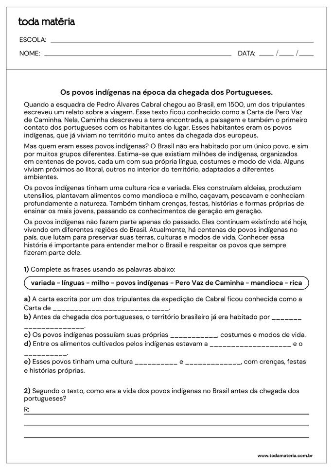 atividades sobre o descobrimento do Brasil com complete e quest&atilde;o aberta