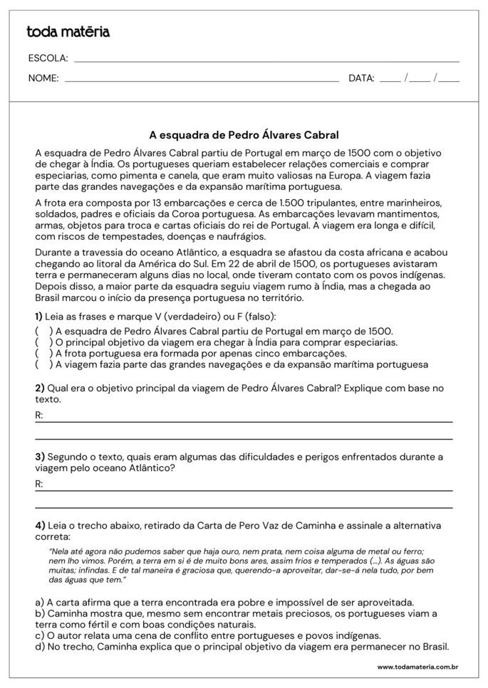 atividades diversas seguida de texto sobre o descobrimento do Brasil para 5&ordm; e 7&ordm; ano