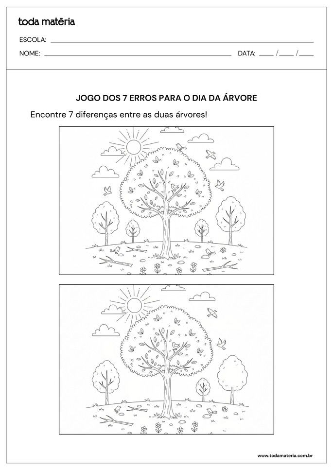 atividade para o dia da árvore para encontrar 7 diferenças em imagens de árvores com nuvens e passarinhos