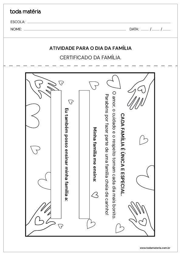 Atividade com certificado para o dia da fam&iacute;lia