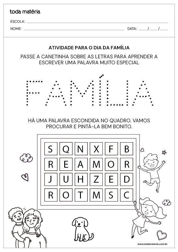 Atividade cobrir tracejado e ca&ccedil;a-palavra para o dia da fam&iacute;lia