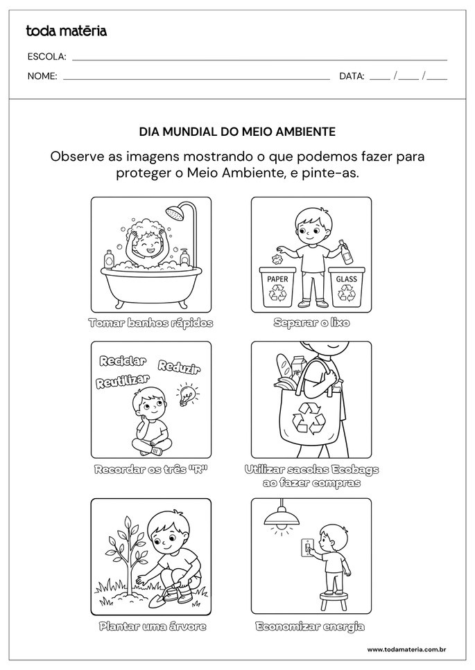 Folha de atividade sobre o Dia Mundial do Meio Ambiente para Educa&ccedil;&atilde;o Infantil