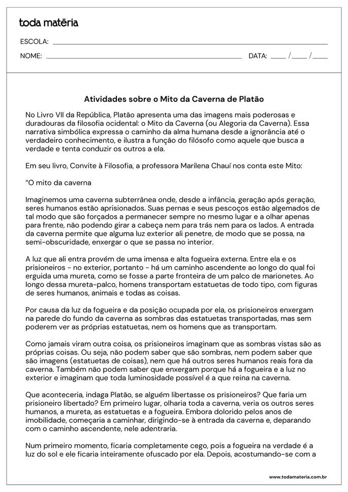 Folha de atividades sobre o Mito da Caverna de Platão para o Ensino Médio
