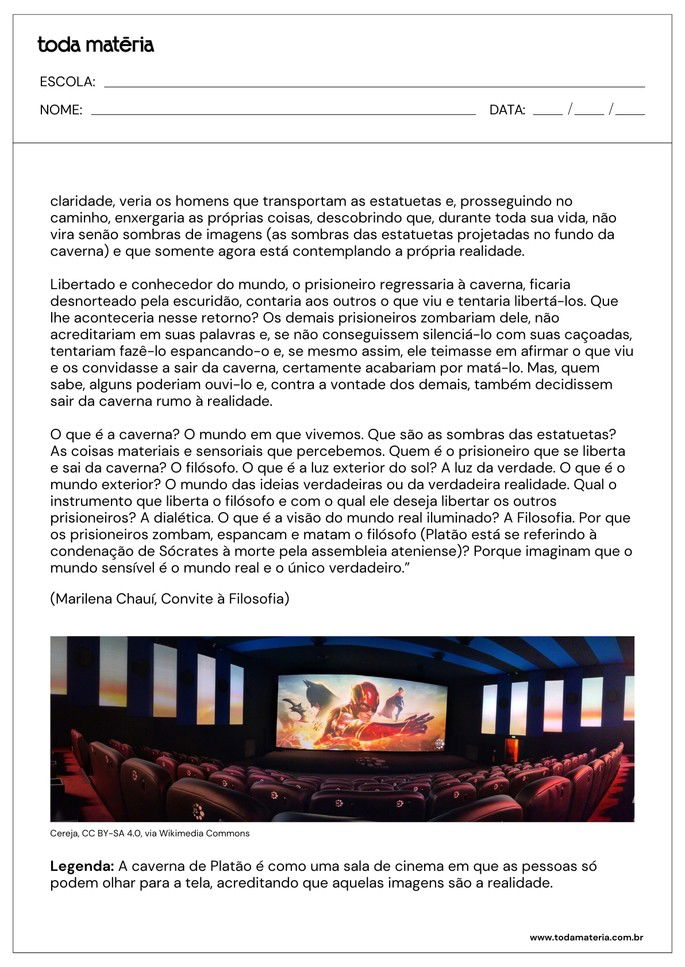 Folha de atividades sobre o Mito da Caverna de Platão para o Ensino Médio