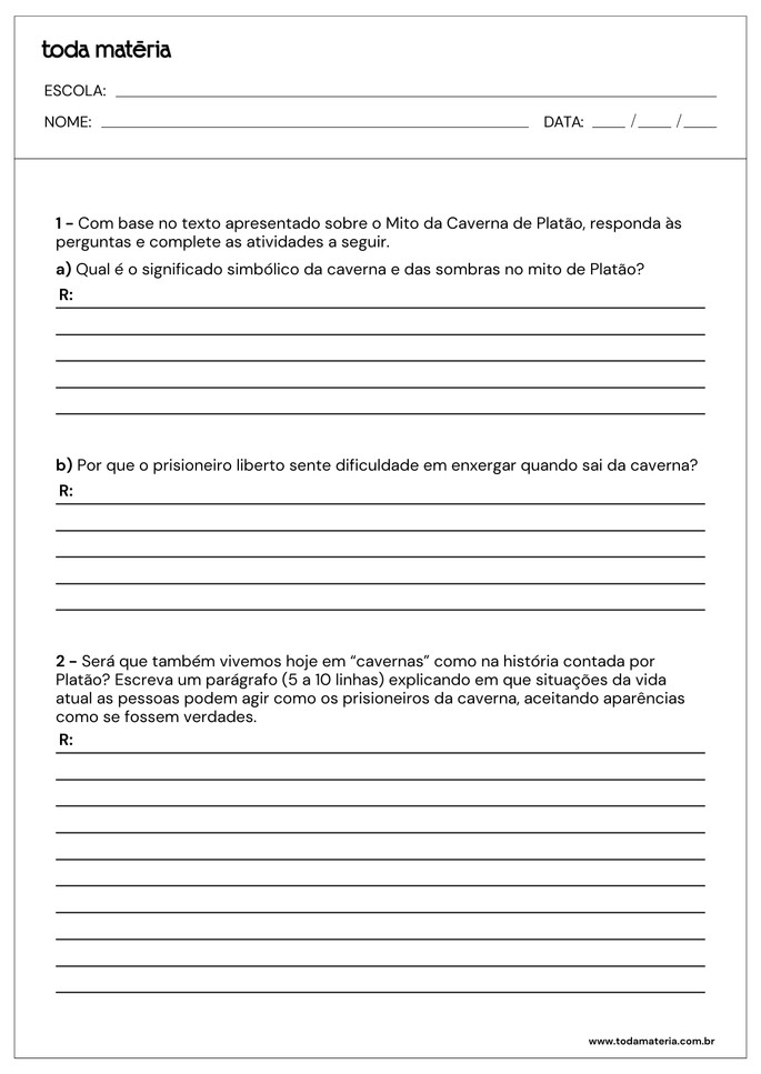 Folha de atividades sobre o Mito da Caverna de Platão para o Ensino Médio
