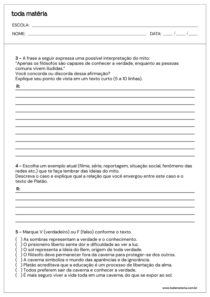 Folha de atividades sobre o Mito da Caverna de Platão para o Ensino Médio