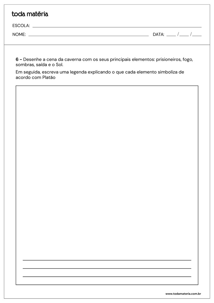 Folha de atividades sobre o Mito da Caverna de Platão para o Ensino Médio