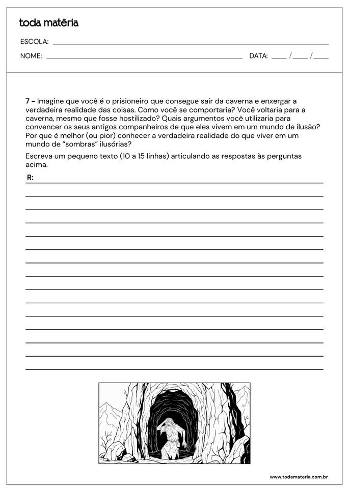 Folha de atividades sobre o Mito da Caverna de Platão para o Ensino Médio